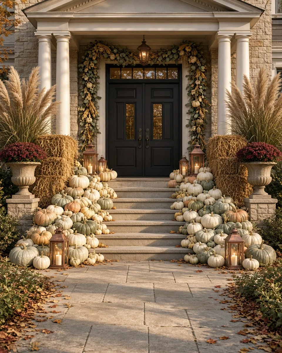 Large double entry with hay bales, tall urns, and a deep pumpkin mix from walk to door