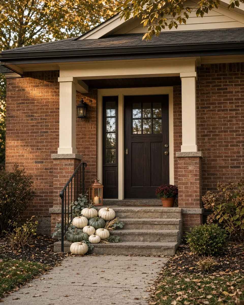 Standard brick craftsman entry with a modest mix of heirloom pumpkins and greenery