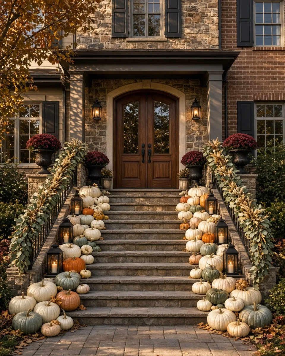 Wide double-door entry with pumpkins, lanterns, and garland along the rails