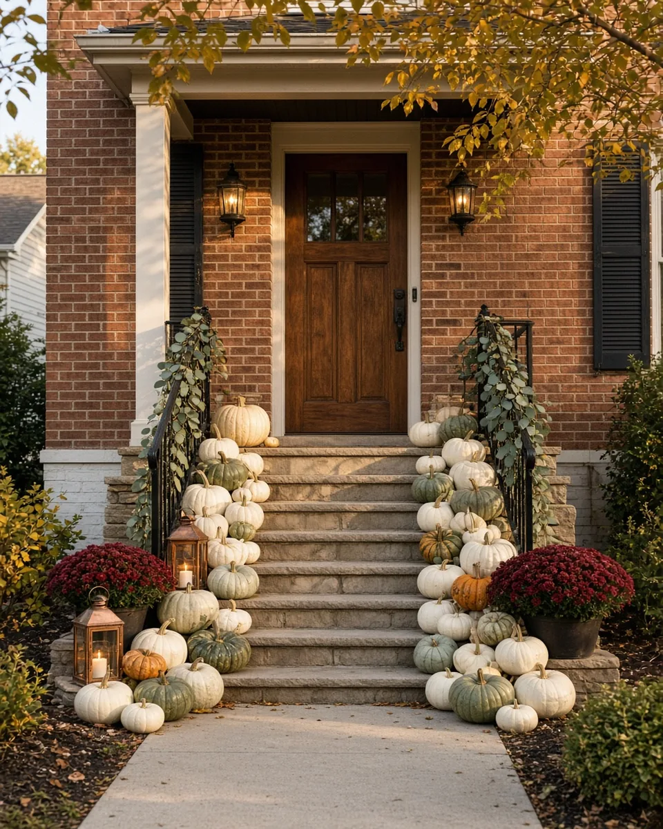 Brick front entry with pumpkins layered along both sides of the steps