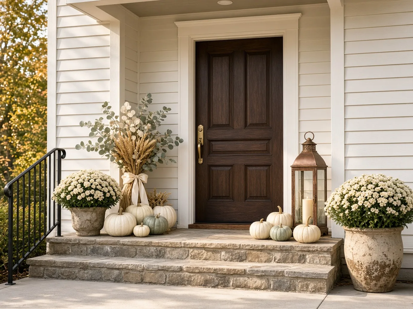 Full front entry in the ivory harvest: cream, white, and pale heirloom pumpkins at the door