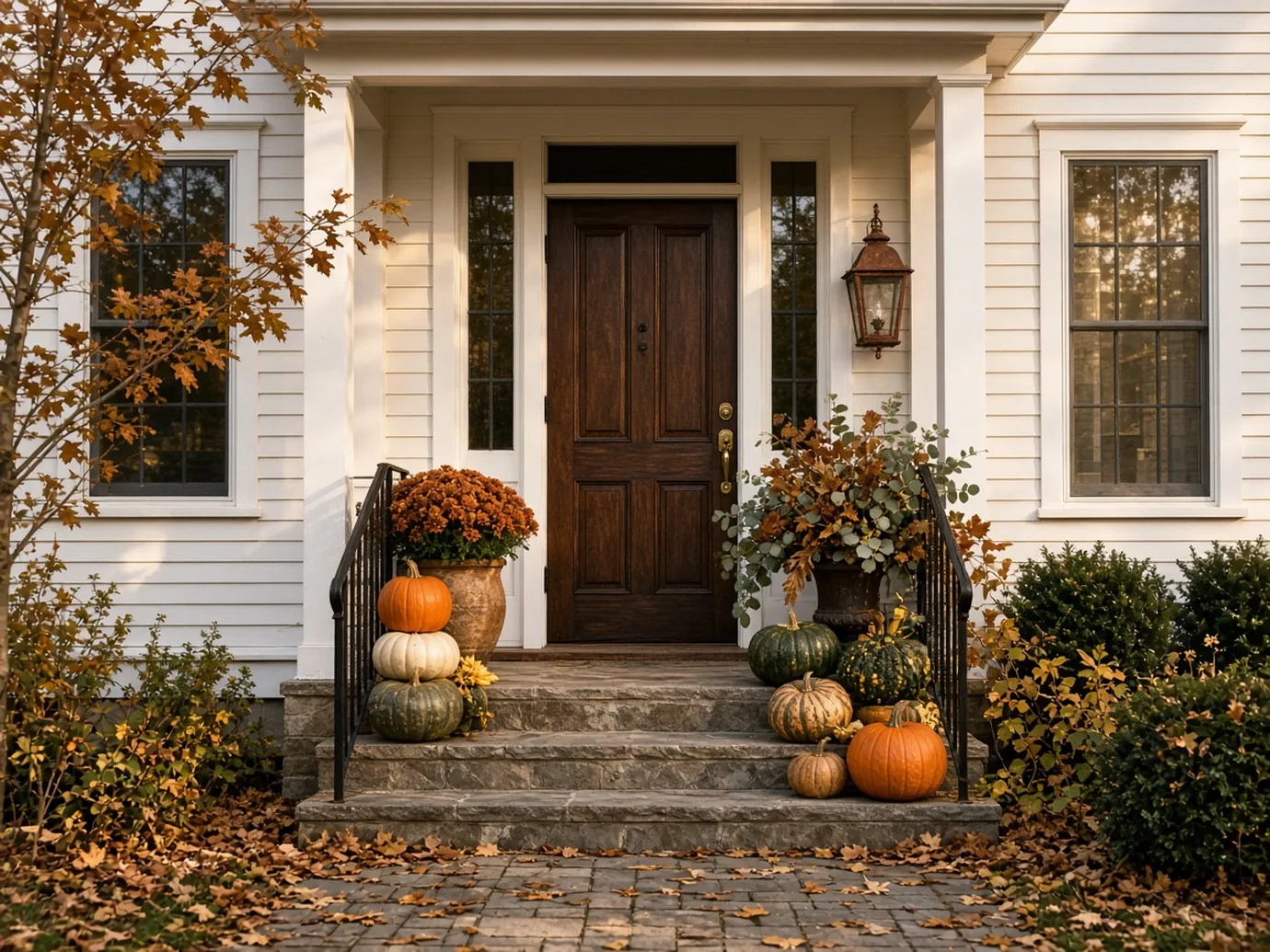 Full front entry in traditional fall: orange, heirloom green, bronze, and cream pumpkins at the door