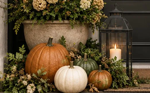 Heirloom pumpkins and greenery styled at a front door